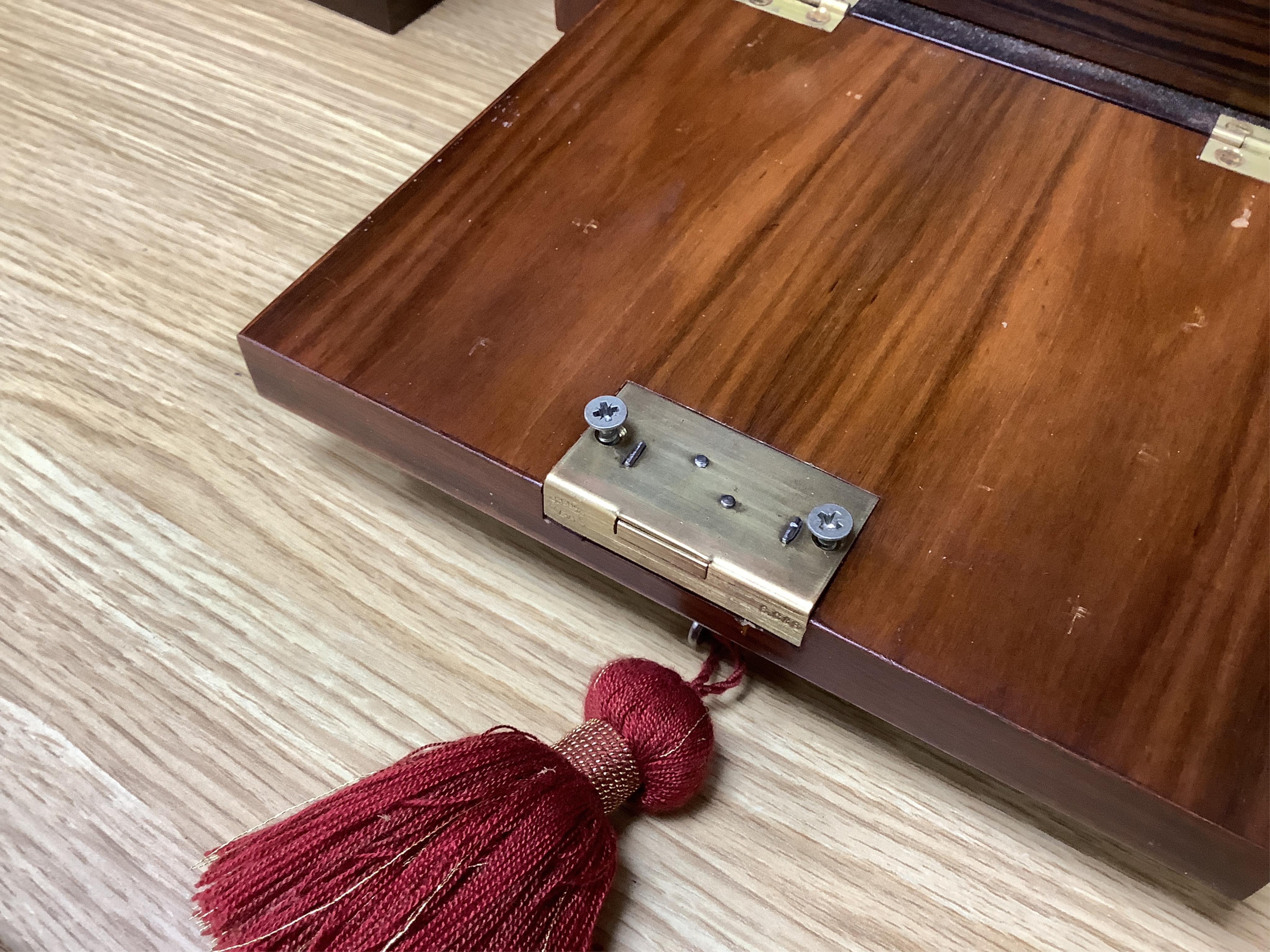 Two mahogany-cased hardstone mahjong sets, 22.5cm tall